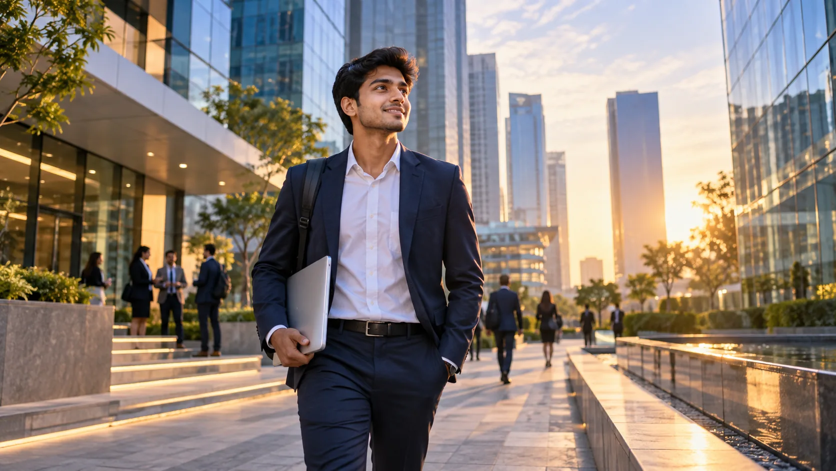 A recent graduate walking into a workday through a modern business district