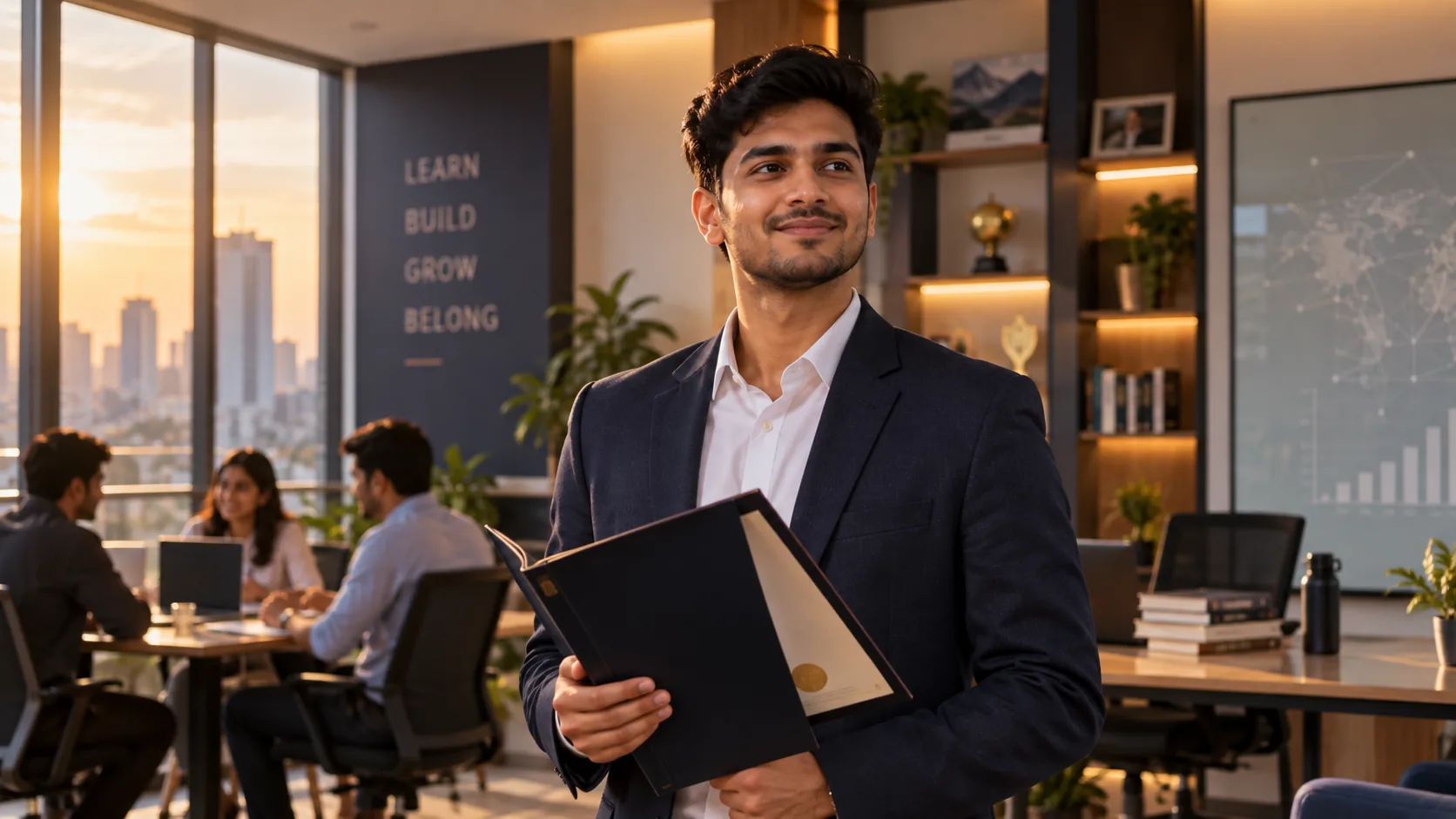 A graduate holding an internship completion certificate inside a learning space