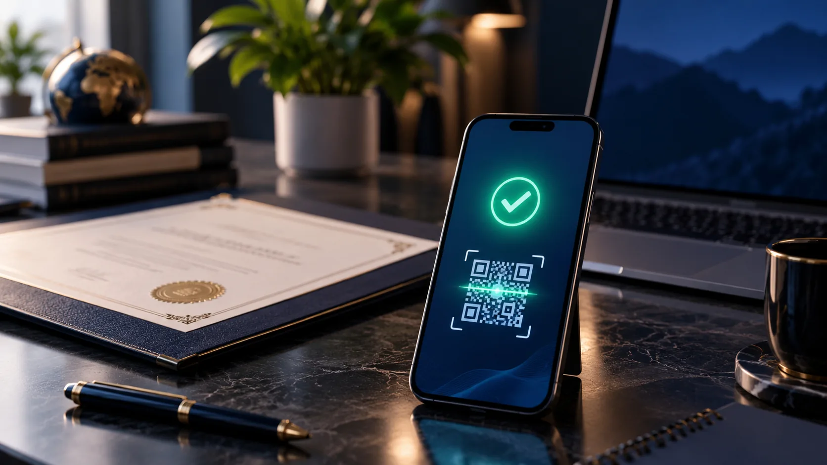 A certificate on a desk beside a phone showing a verified check after scanning its QR code
