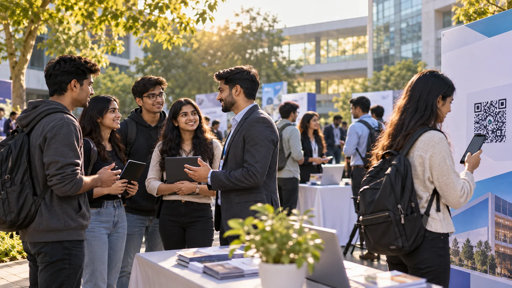 Students at a campus internship drive talking with programme coordinators