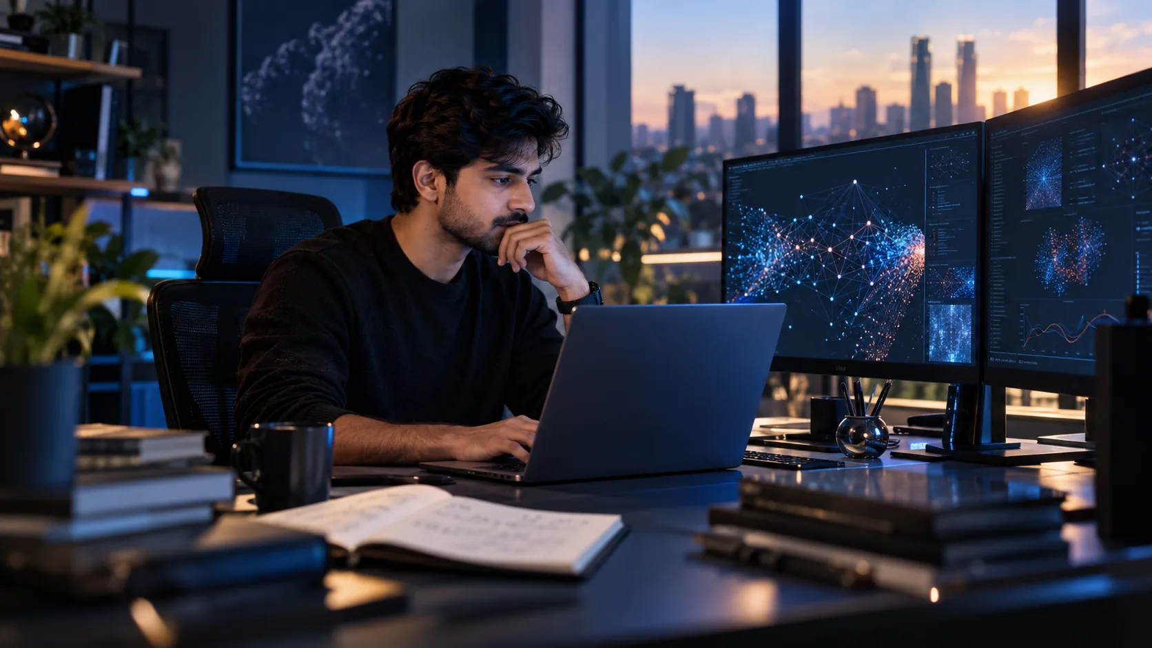 An intern studying model and network visualisations across a multi-monitor workstation