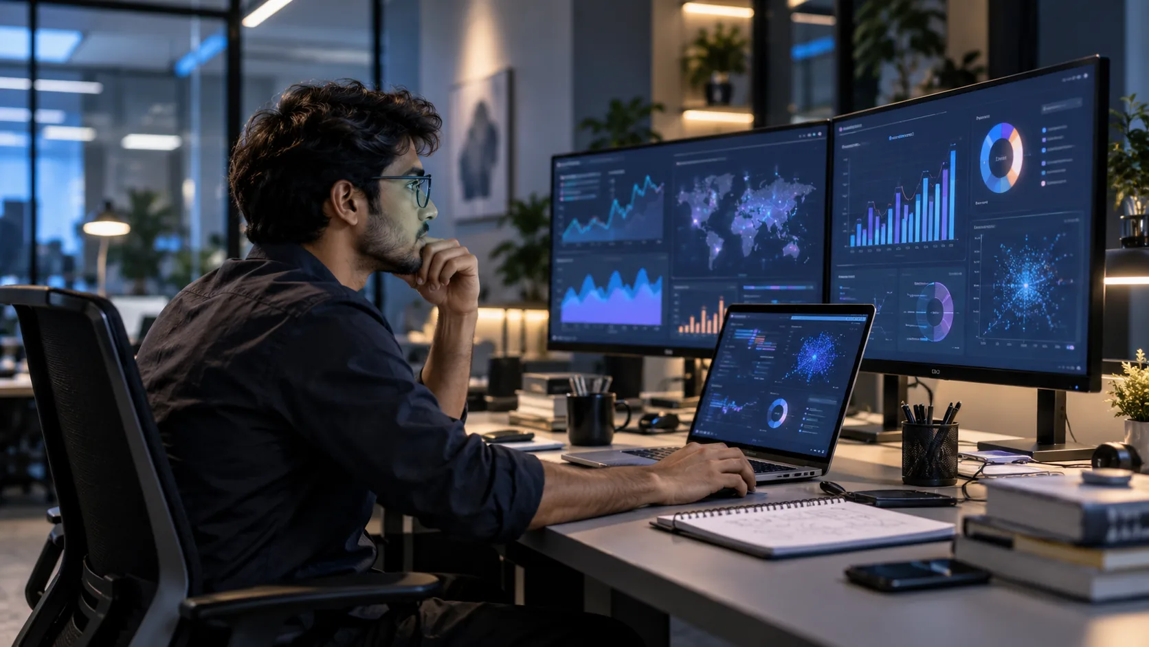 An analyst reading dashboards and charts across several screens