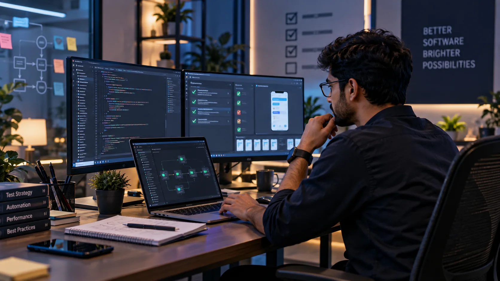 A developer writing and reviewing code across a multi-screen setup