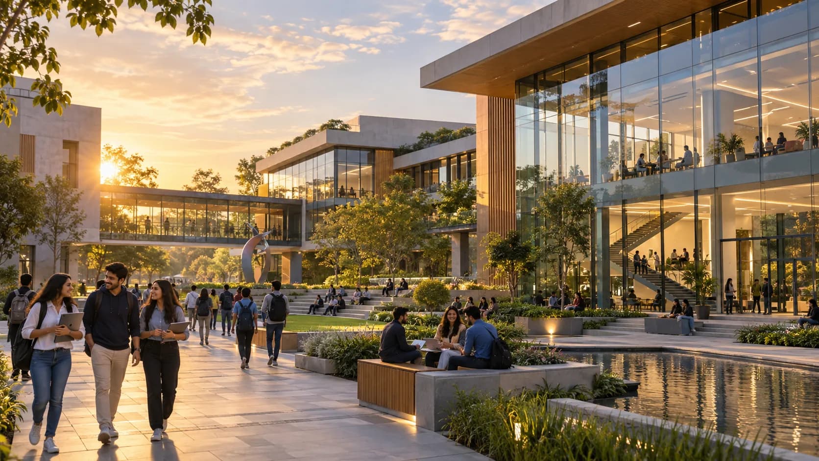 The Roystian Foundation campus at golden hour with students walking between buildings