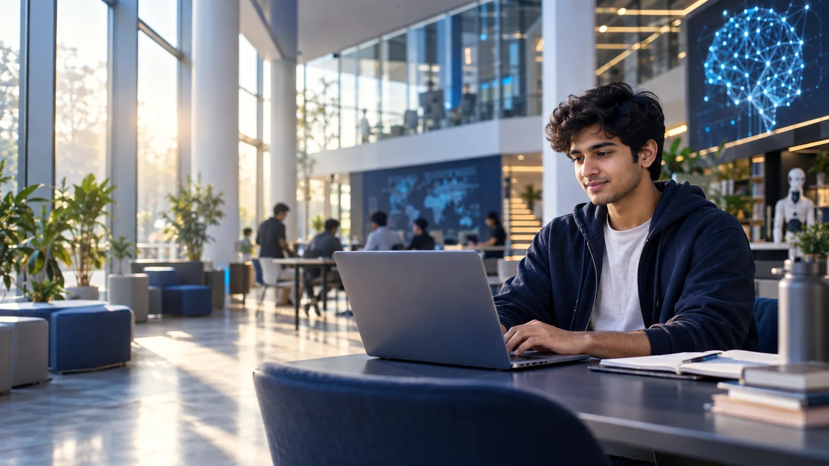 A student working through an internship module on a laptop in a bright, open learning space