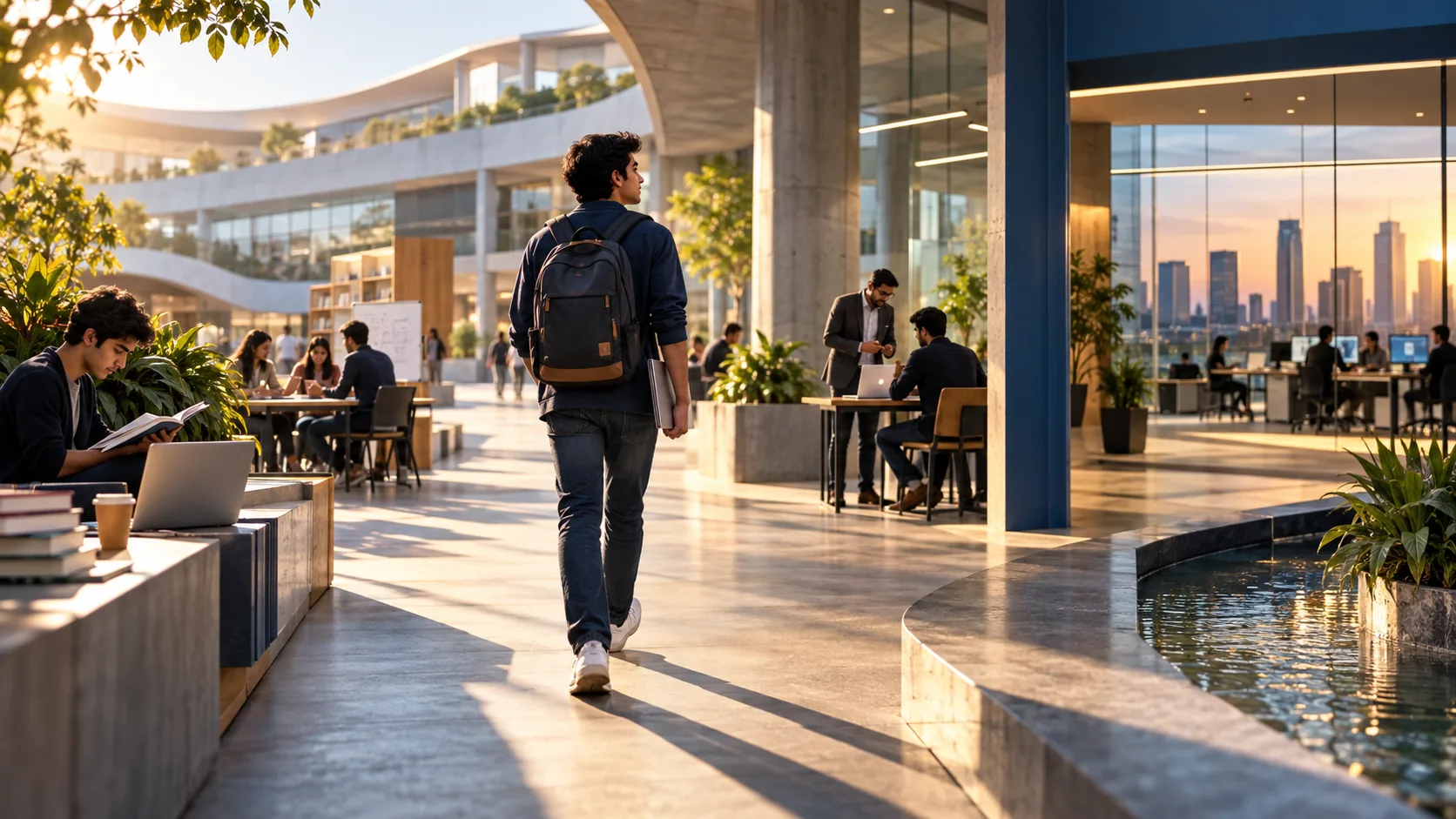 A student walking through a campus atrium on the way to a session